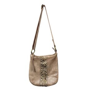 Fossil Metallic Taupe Suede Studded Crossbody Bag Distressed Boho Purse